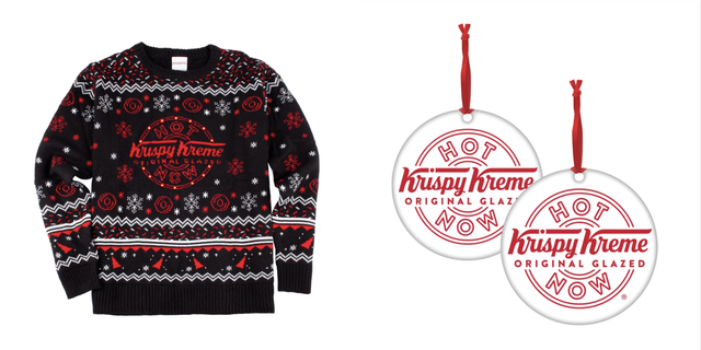 krispy kreme holiday merch hot now sweater and ornaments