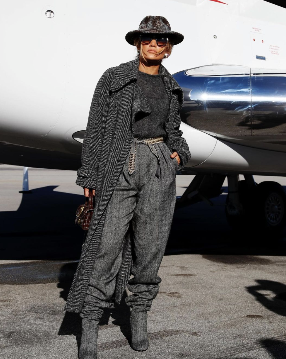 J Lo Wears Gray Alberta Ferretti Outfit While Flying To Inauguration