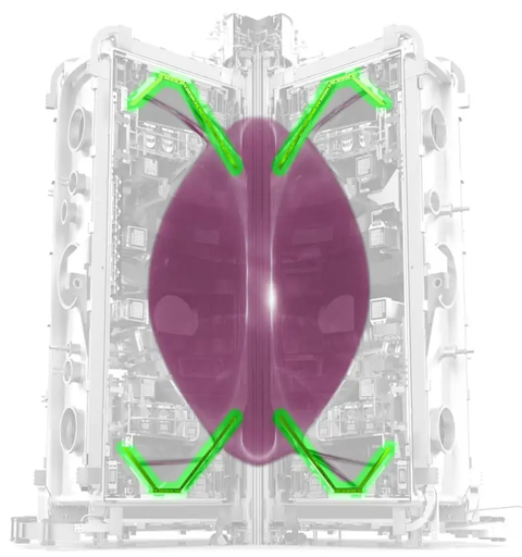 a diagram of a tokamak showing the exhaust system highlighted in color