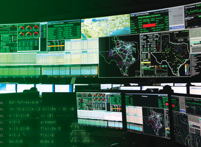 Centro de control de ercot con matemáticas superpuestas en pantallas de computadora