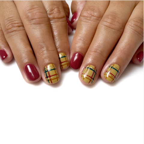 yellow and red plaid nails