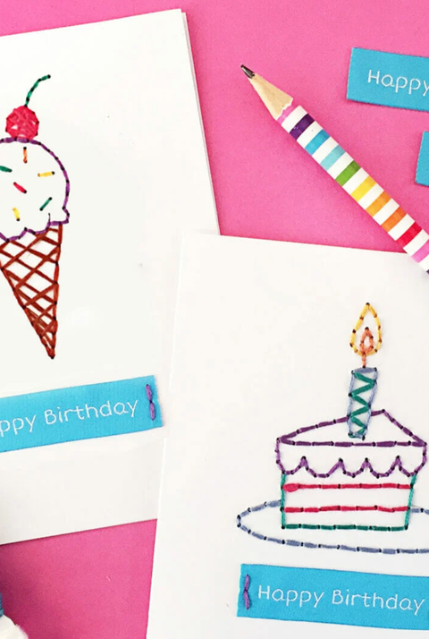 diy ice cream cone embroidered birthday card on pink backdrop