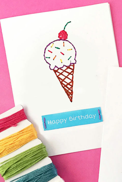 diy ice cream cone embroidered birthday card on pink backdrop