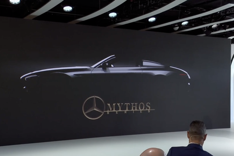 mercedes presentation teaser of its new mythos lineup with the silhouette of a new speedster