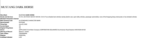 ford mustang dark horse trademark document