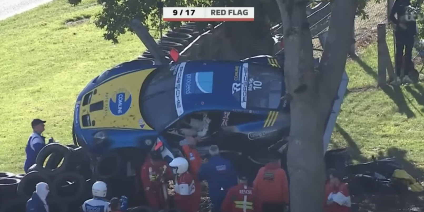 Porsche 911 GT3 Race Car Performs Fly Over at Brands Hatch, Lands in Tree
