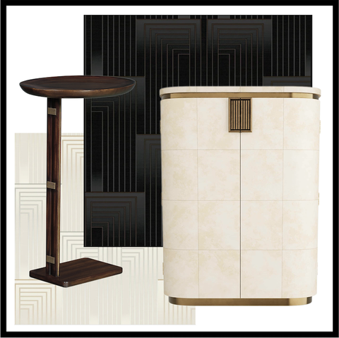 art decor wallpaper by candice olsen for york wallcoverings, bar cabinet by arteriors and side table by alfonso marina