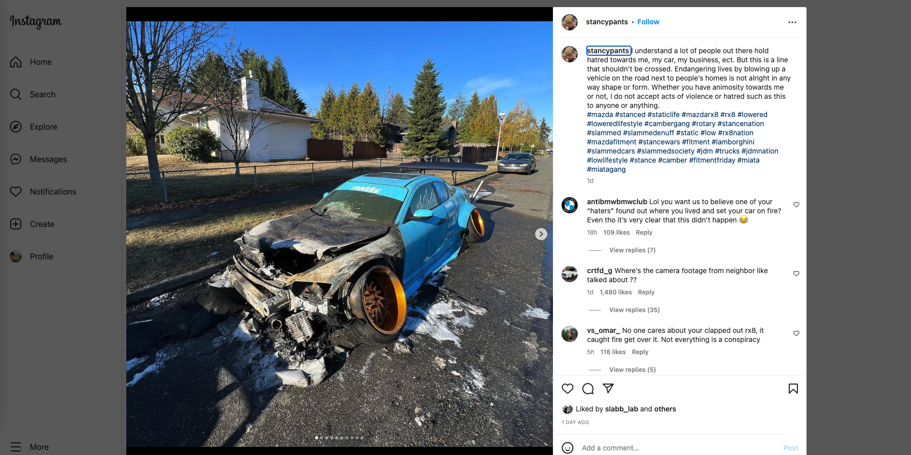 Instagrammer Claims Haters Burned Down His Stanced RX-8. Internet Commenters Have Doubts