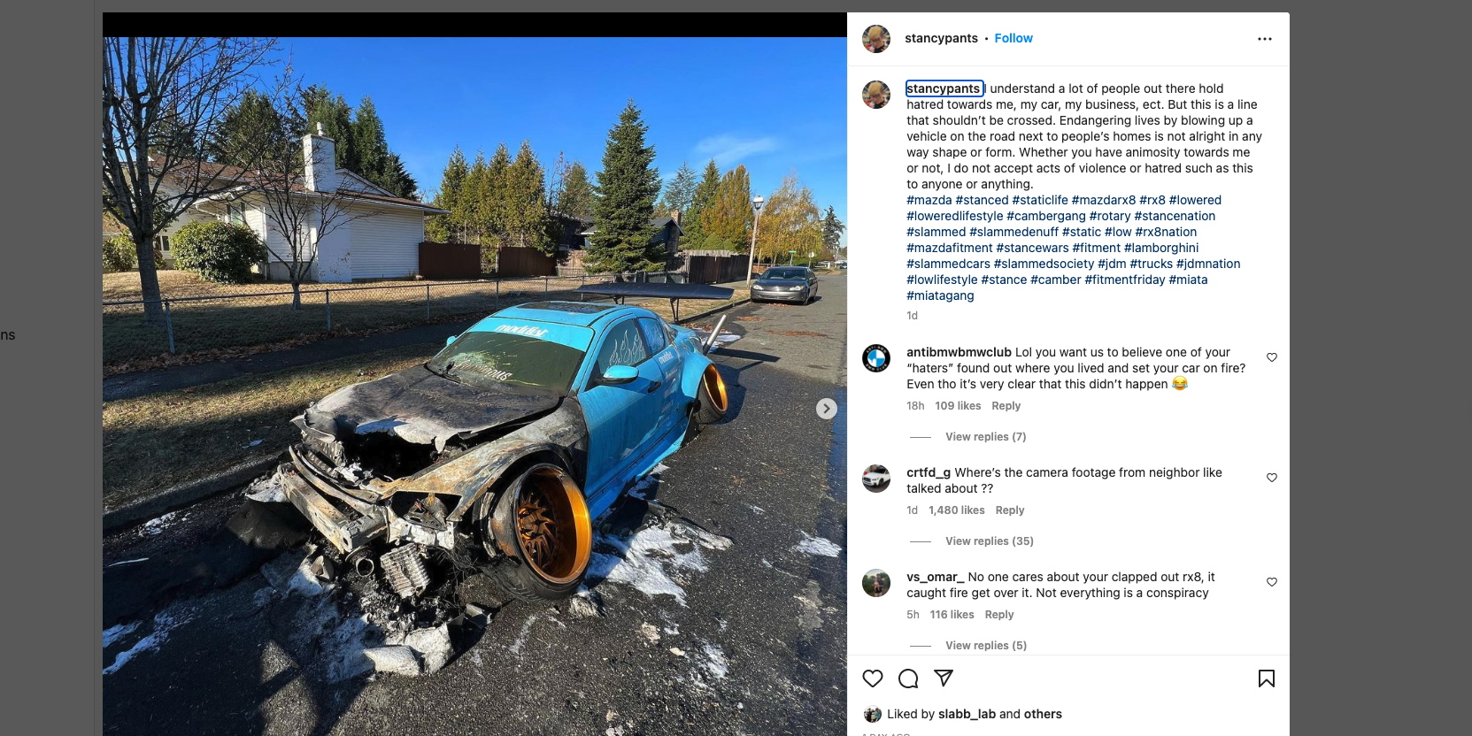 Fire Officials Deem Instagram-Viral Slammed RX-8 Blaze 'Intentional'