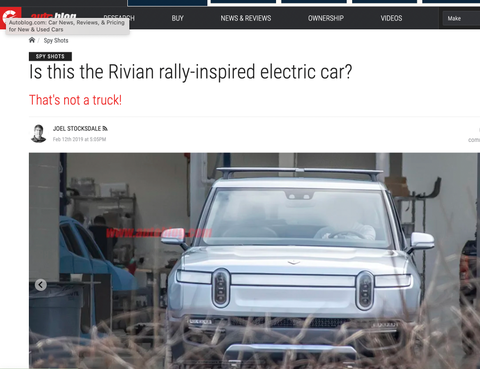 screen grab of autoblog website showing a rivian spy shot