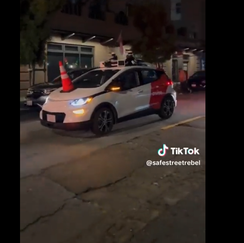 People on TikTok Are Disabling Self-Driving Cars in SF by Putting Traffic Cones On Their Hoods