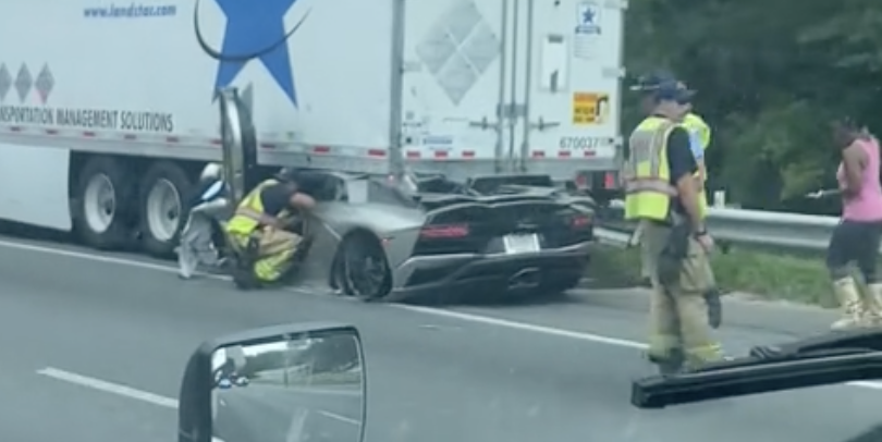 Driver Walks Away After Wedging Lamborghini Aventador Under Trailer in High-Speed Crash