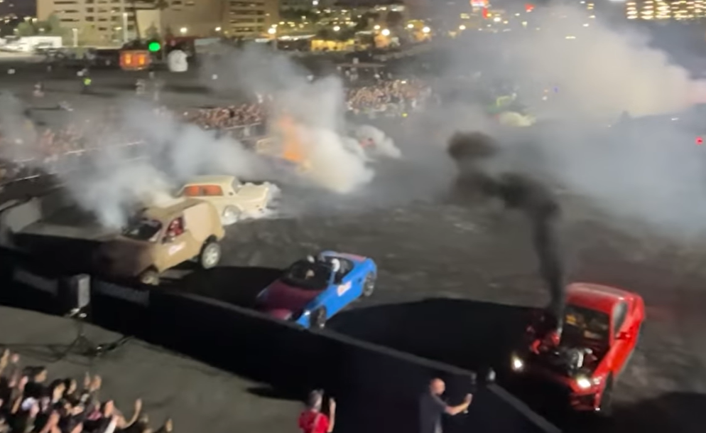 Hoonigan Pays Tribute to Ken Block With 30-Car Burnout Salute at SEMA