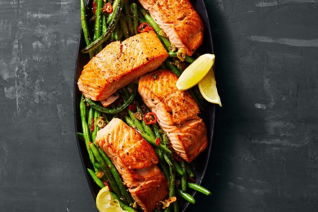 seared salmon with charred green beans