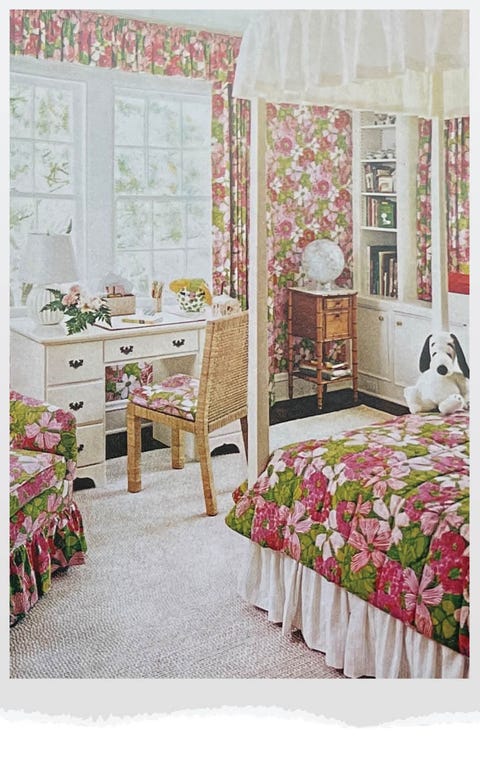 girls room with snoopy on bed and floral print everywhere
