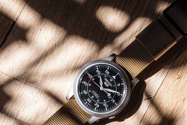 seiko snk field watch with plant shadows