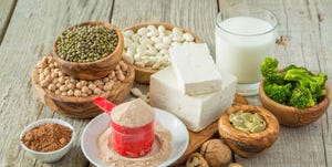 Selection vegan protein sources on wood background