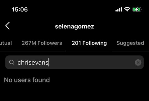 chris evans following selena gomez, but selena not following chris