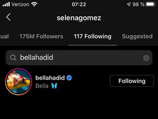selena currently following bella on instagram