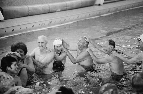 Elderly people participating in water activities, Copley family, Imka, San Diego, California, USA, January 14, 1985