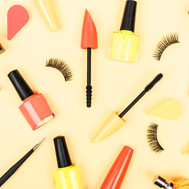 cosmetic skin care products nail polish, mascara, eyelashes, lipstick, perfume