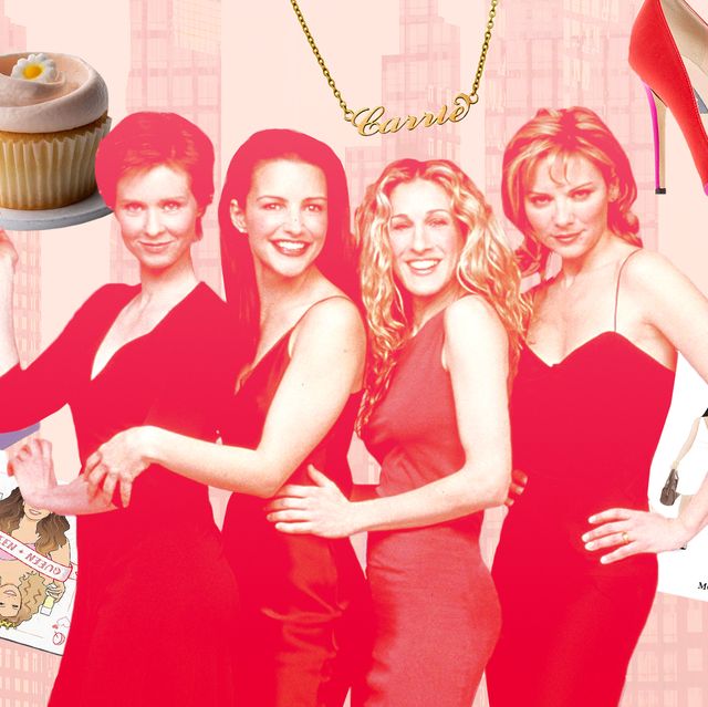 sex and the city cast with cards, cupcake, carrie necklace, heels and card