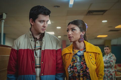 asa butterfield as otis milburn and mimi keene as ruby matthews in episode 3 of sex education season 3