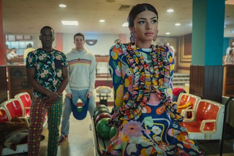 sex education season 3  ncuti gatwa as eric, connir swindells as adam and mimi keene as ruby