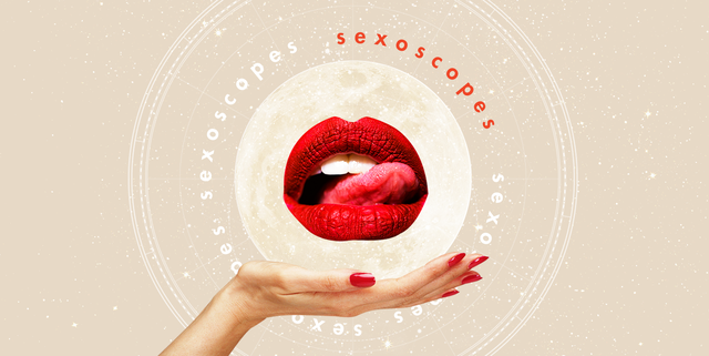 a hand holds out a full moon with the word "sexoscopes" repeating around it a mouth with a licking tongue is shown over the moon