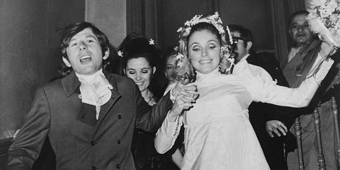 Actress Sharon Tate and Roman Polanski Strolling Down Stairs at Their Wedding