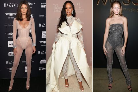 Rihanna, Gigi Hadid, Bella Hadid - sheer jumpsuits