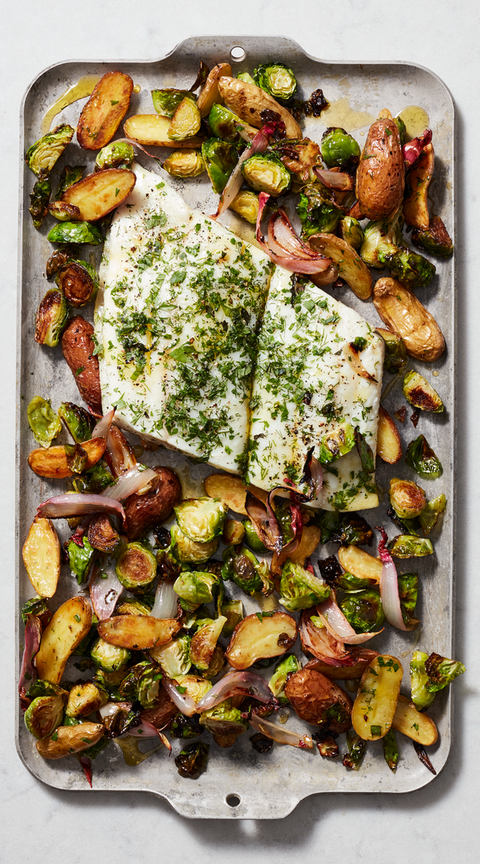 Baked Halibut With Potatoes and Brussels Sprouts