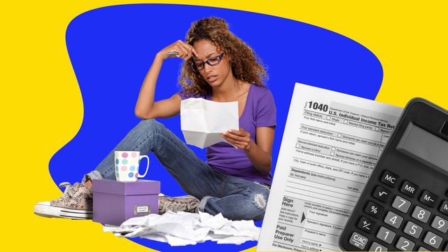 phot collage of woman looking at taxes
