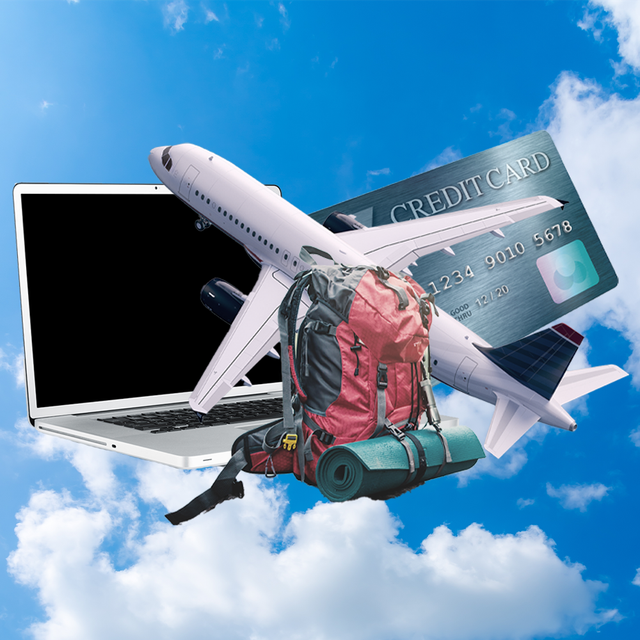laptop airplane backpack credit card yoga mat