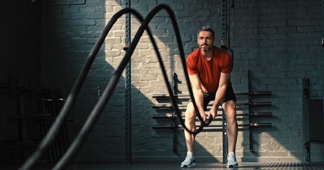 shot of a mature man standing and using battle ropes in the gym during his workout