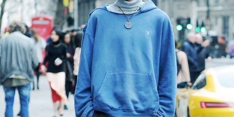 Blue, Clothing, Street fashion, Hoodie, Outerwear, Fashion, Jeans, Hood, Electric blue, Shoulder, 