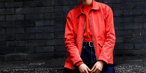 Clothing, Red, Jacket, Outerwear, Orange, Leather jacket, Windbreaker, Coat, Zipper, Fashion, 