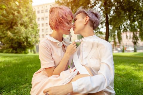 Side View Of Lesbian Couple Kissing In Park