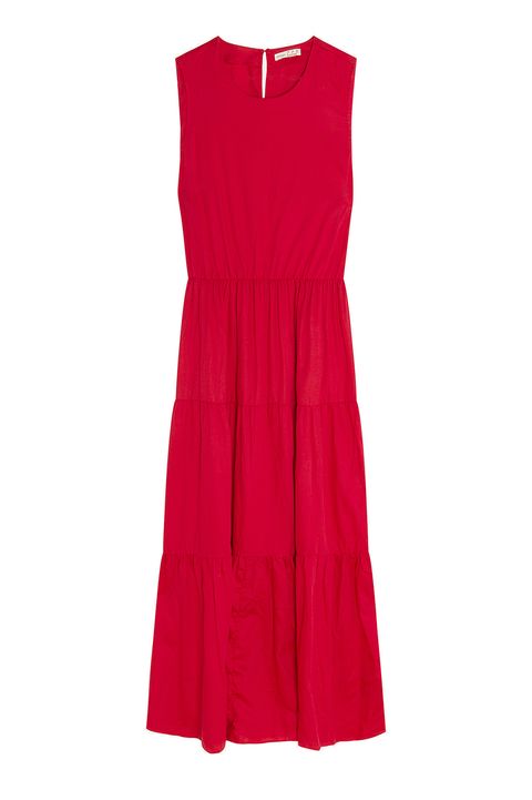 vestido largo rojo, sin mangas, de la colección beachwear ss20 de oysho
