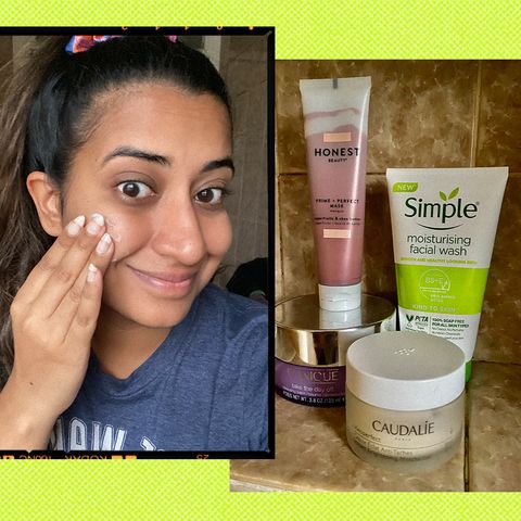 hanna ibraheem putting cream on her face and a selection of skincare products