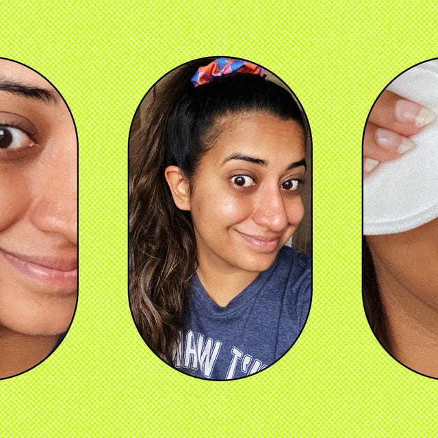 three images of beauty editor hanna ibraheem smiling barefaced into the camera in one image, we see her swiping a cotton face pad across her eyes
