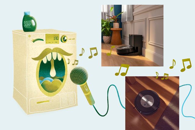 illustration of a washing machine singing collaged with roomba vacuum photos
