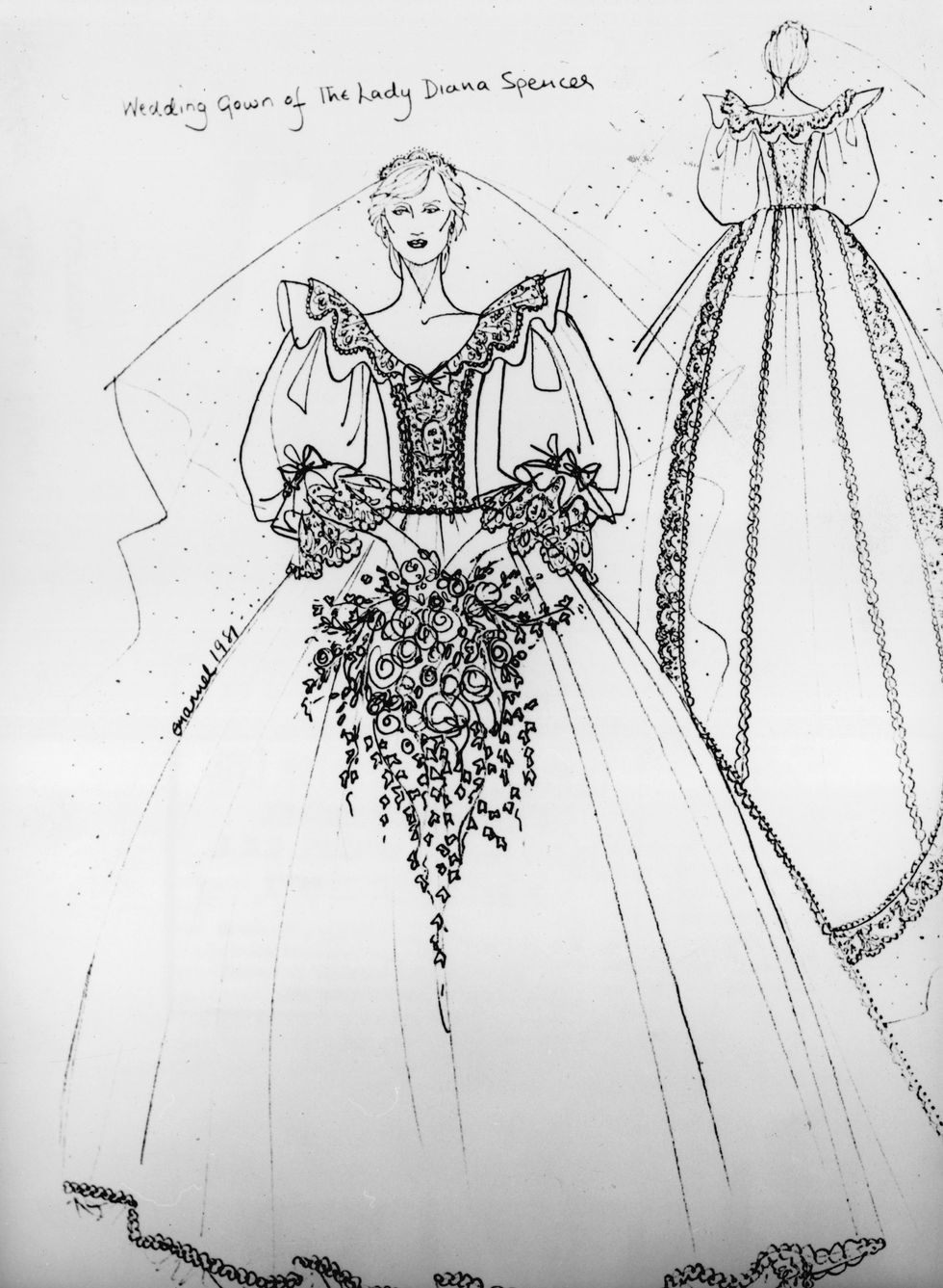 Boceto del vestido de novia del icono de la moda, Lady Di.