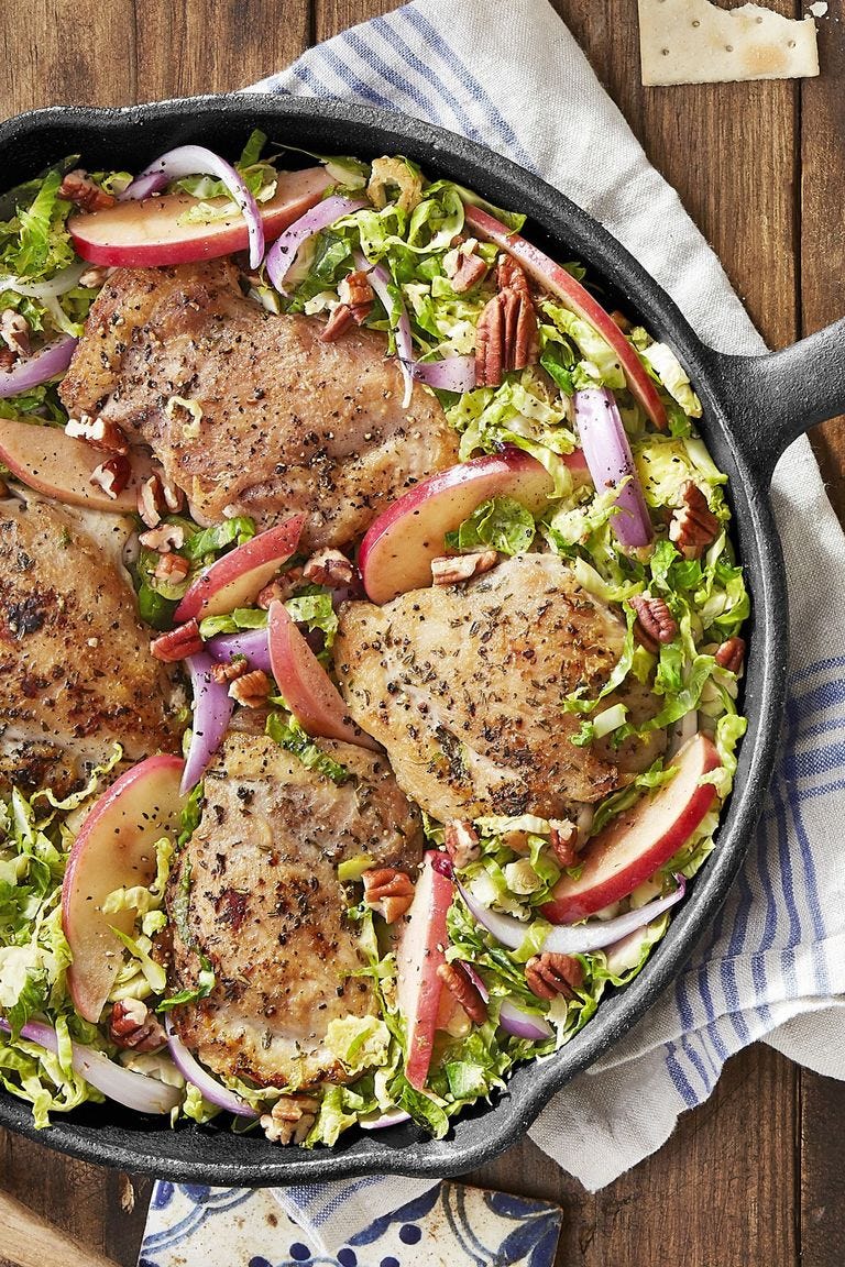 25 Easy Healthy Dinner Recipes - Skillet Chicken with Brussels Sprouts and Apples