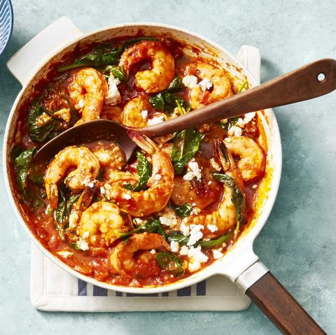 low calorie meals skillet salsa shrimp with spinach and feta