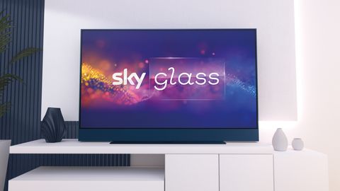 sky glass tv in blue with the new logo on the screen