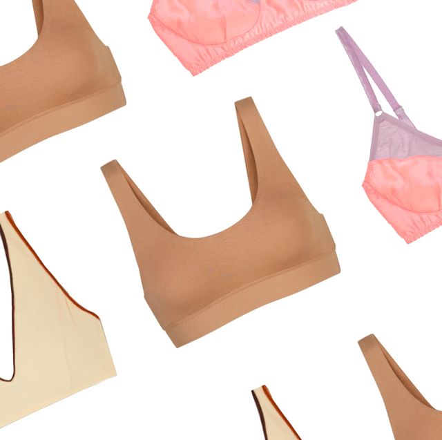 three sleep bras from araks, skims, and baserange in front of a plain backdrop to illustrate a roundup of the best sleep bras 2022