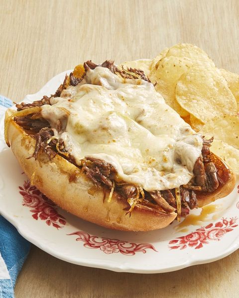 slow cooker beef drip sandwiches with potato chips