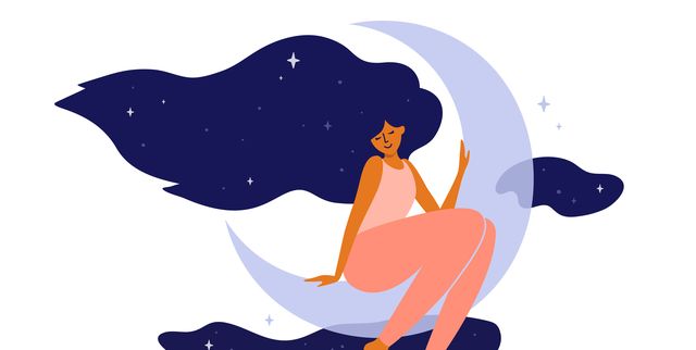 slow life and selfcare concept with happy woman with long hair sitting on moon