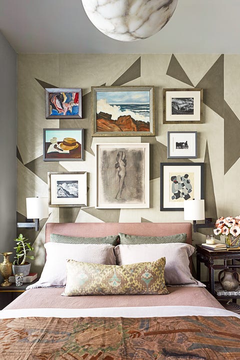 bedroom with geometric wallpaper